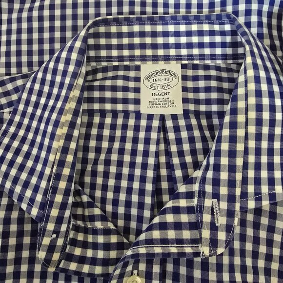 BROOKS BROTHERS LONG SLEEVE BUTTON DOWN SHIRT BLUE AND WHITE CHECKED SIZE 16.5 - Picture 2 of 5